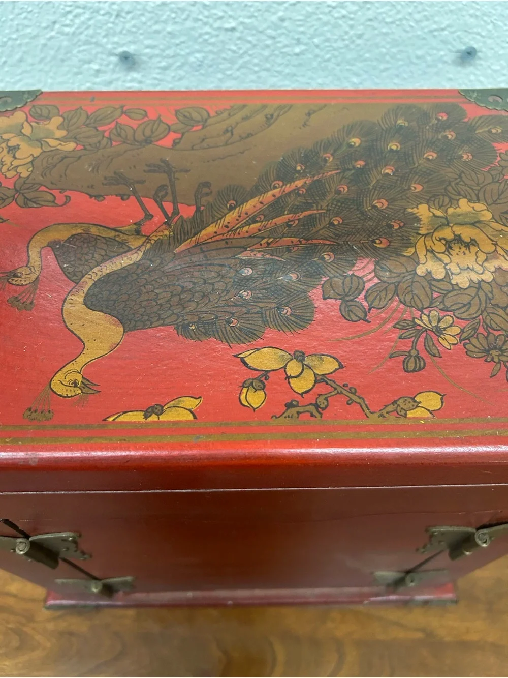 vintage Chinese-style red lacquered wooden jewelry chest ornate brass-toned